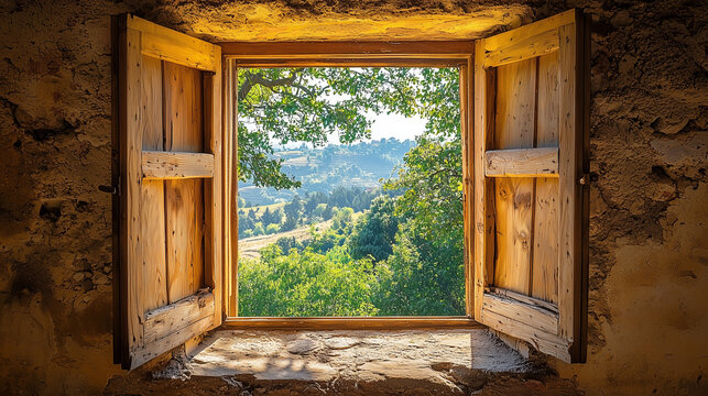 Open casement window with a view of the beautiful garden
