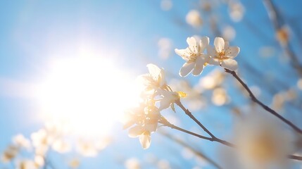 Obraz premium Sunlit white blossoms on a branch against a vibrant blue sky, creating a serene and peaceful springtime scene. The delicate petals and gentle sunlight evoke feelings of warmth and ren : Generative AI
