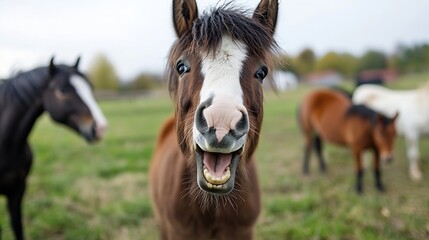 Obraz premium Playful brown horse with white blaze, open mouth, showing teeth, in a green pasture with other horses blurred in the background. A cheerful equine scene. : Generative AI