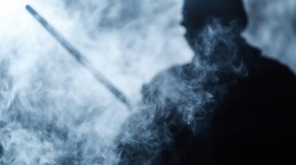 Blurred silhouette of a person holding a long, thin object, partially obscured by thick, swirling blue-grey smoke, creating a mysterious and atmospheric scene. : Generative AI