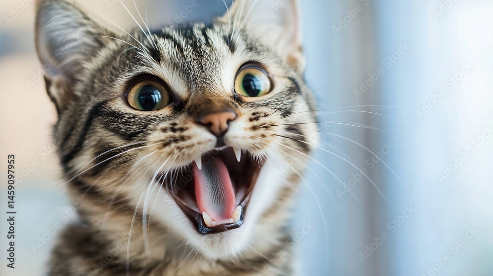 Aufkleber close-up portrait of a tabby cat with its mouth open, showing teeth and tongue, against a blurred ba