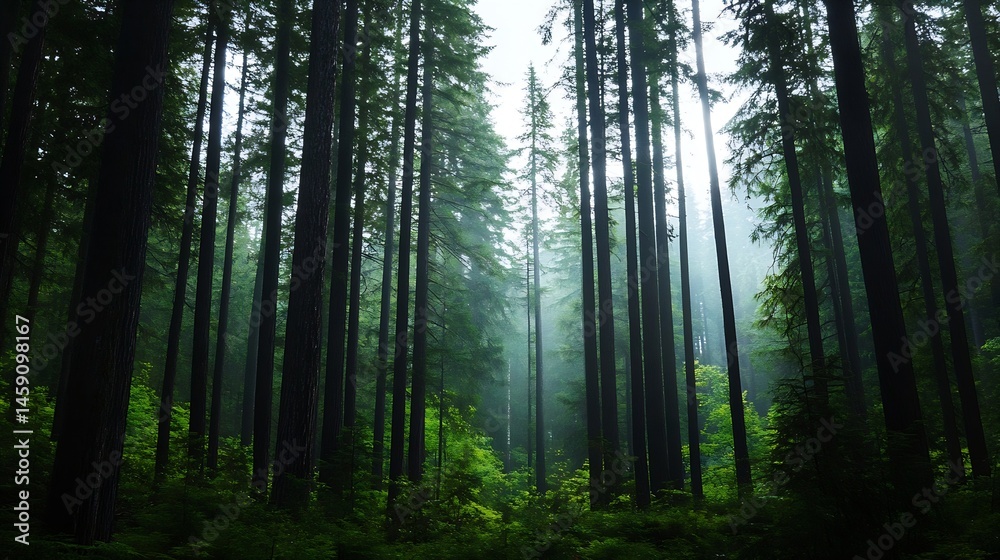 Poster sunbeams pierce a dense, misty evergreen forest, illuminating the lush undergrowth and towering tree