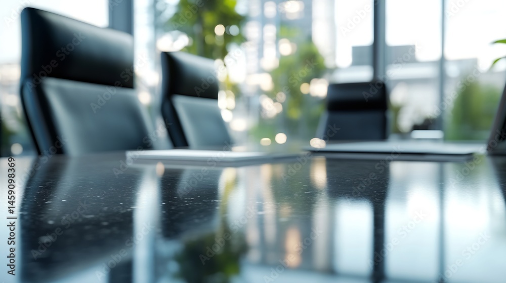 Poster Reflective modern conference table in a sleek office setting, showcasing three empty executive chairs and a blurred city view through large windows. : Generative AI