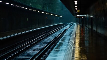 Fototapeta premium Rainy night at a deserted train station platform, dark and moody atmosphere, wet rails reflecting lights, empty platform, urban scene. : Generative AI