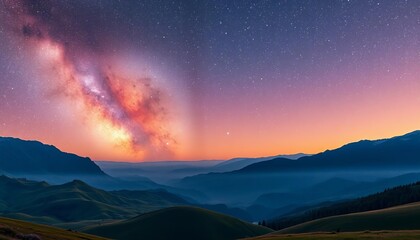 Vibrant Milky Way arches over rolling hills, bathed in warm mountain light,  nature,  milky way