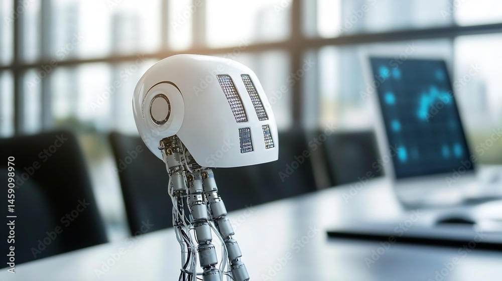 Aufkleber A futuristic robotic head sits on a modern office table, near a blurred computer screen displaying data; showcasing artificial intelligence in the workplace. : Generative AI