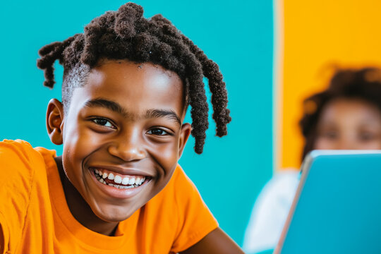A young boy smiles while using a laptop computer