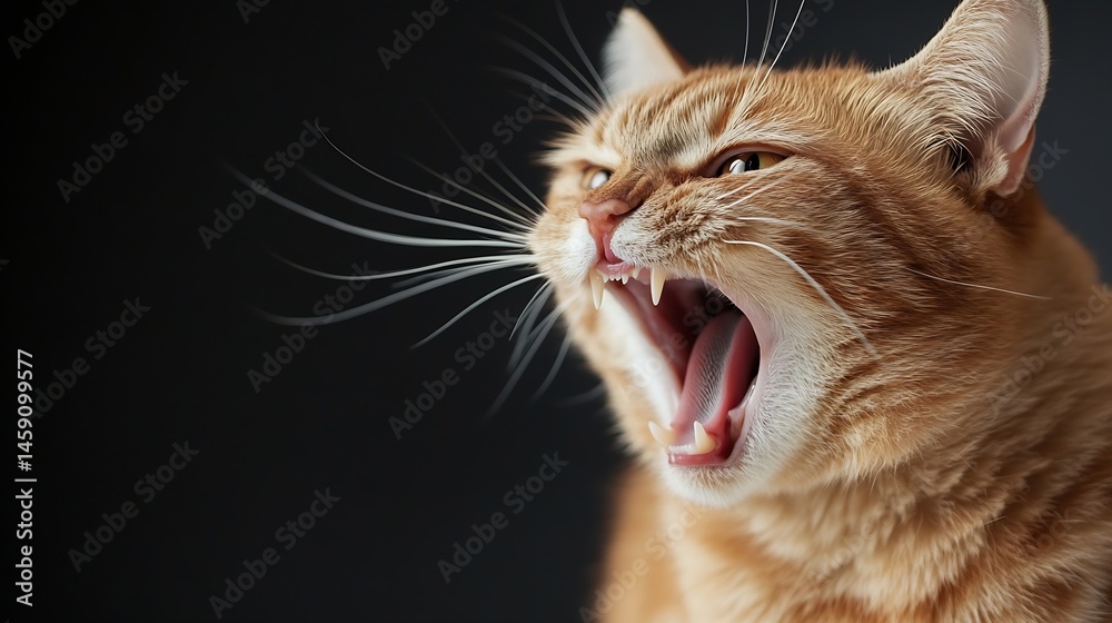 Poster close-up portrait of a ginger cat with its mouth open, showing teeth and tongue, against a dark back