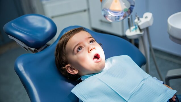 Surprised child in dental chair under exam light in clinic