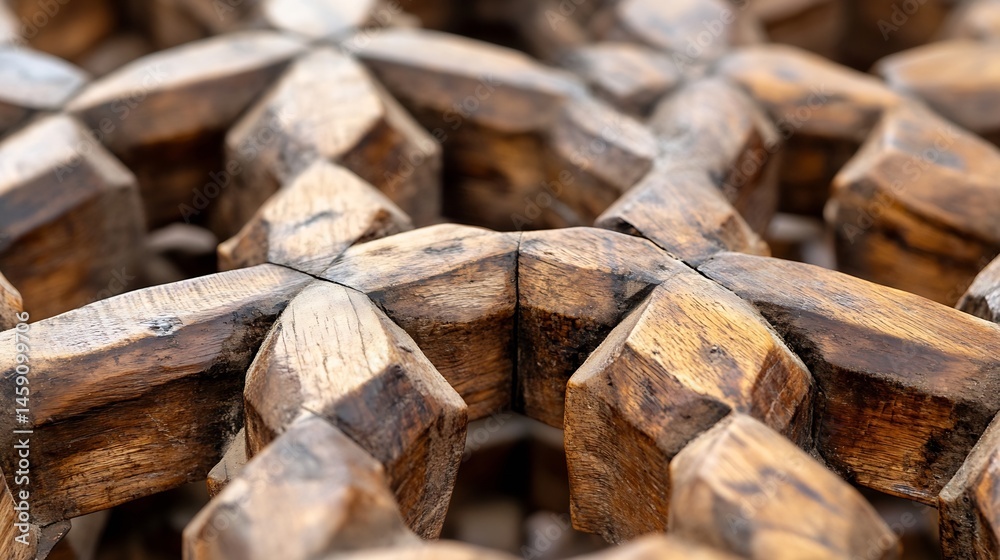 Poster close-up view of intricately carved wooden lattice, showcasing the rich brown hues and detailed craf