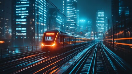 Fototapeta premium A high-speed train navigating through a vibrant, illuminated cityscape at night.