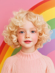 Fototapeta premium A joyful portrait series of a curly-haired child with bright blue eyes, set against soft pink and rainbow-themed backdrops. Full of warmth, innocence, and charm—ideal for children's products.