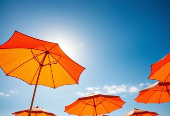 Vibrant orange umbrella silhouetted against a sunny blue sky  Perfect for summer vacation and sun protection themes,   hot weather,  illustration