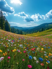 Fototapeta premium Blooming Meadow: Capturing the vibrant spirit of nature. A panoramic view of a blooming meadow, where a riot of wildflowers in a green landscape beneath a bright blue sky unfolds.