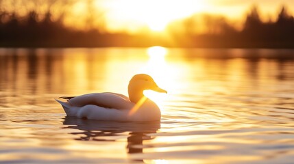 Fototapeta premium Serene sunset scene featuring a white duck gracefully gliding on calm golden water, bathed in the warm light of the setting sun. : Generative AI