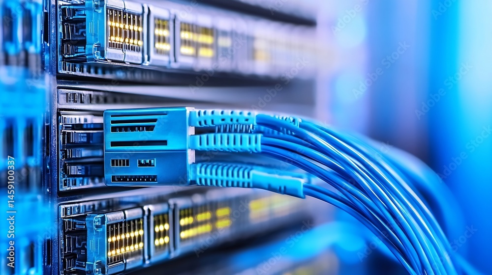 Aufkleber close-up view of blue fiber optic cables connected to a network server, showcasing intricate details