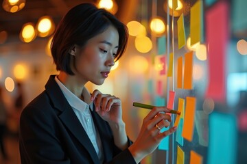 Serene Green Moment. Woman pens heartfelt message on sticky note board, surrounded by calming green foliage.