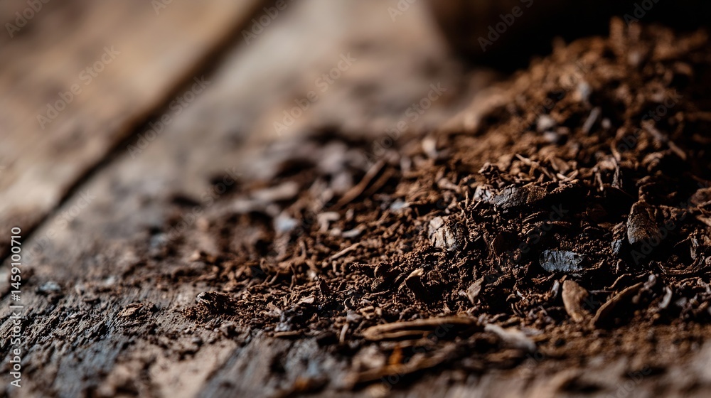 Aufkleber Close-up view of dark brown cocoa powder scattered on a rustic wooden surface, showcasing its rich texture and fine particles. : Generative AI