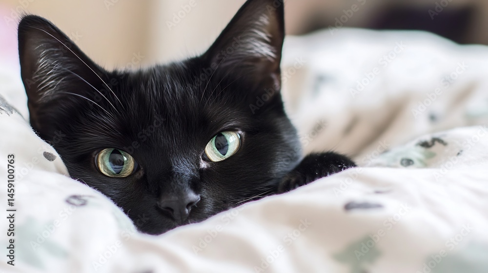Poster a curious black cat with bright green eyes peeks from under a white blanket, its soft fur and playfu