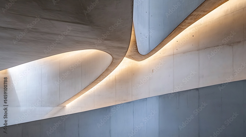 Poster abstract architectural detail: curved concrete walls illuminated by warm light, creating a modern an