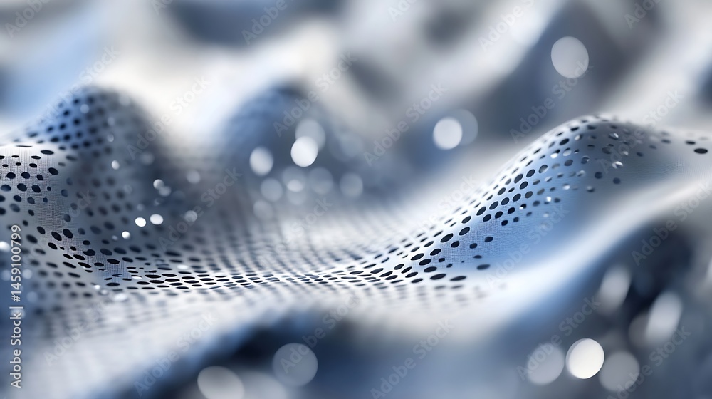Poster abstract wavy perforated metal surface with bokeh lights, digitally generated in cool blue tones. id
