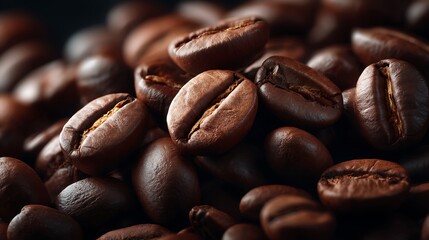 Naklejka premium Roasted arabica coffee bean texture close-up dark brown background flatlay glossy coffee mockup
