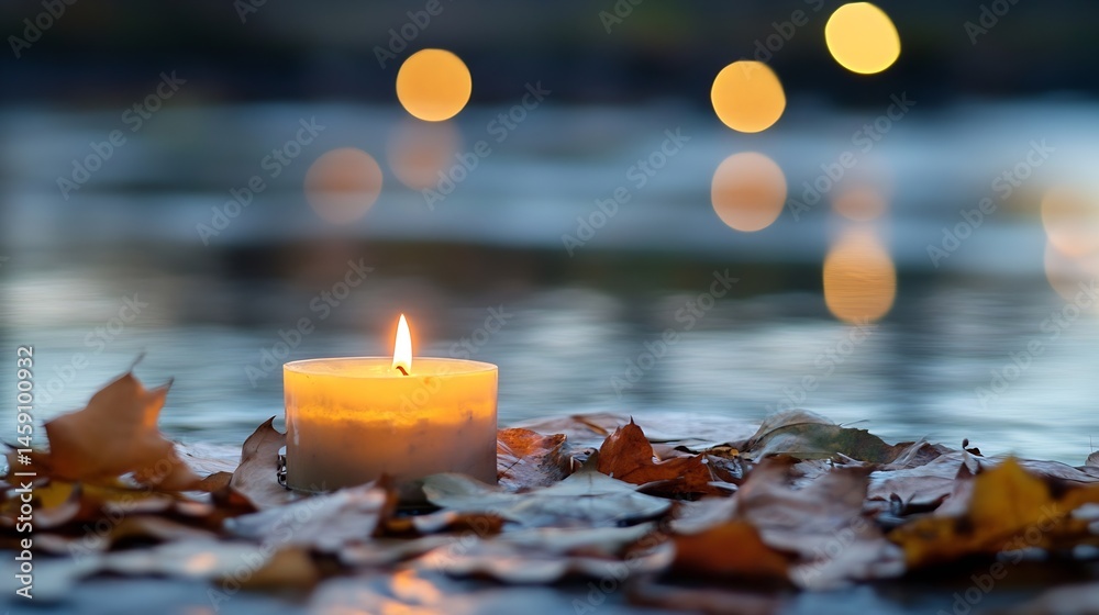 Fototapete A single lit candle rests gently on a bed of autumn leaves near a tranquil body of water, illuminated by soft bokeh lights in the background, creating a serene and peaceful atmosphere. : Generative AI