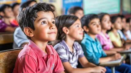 Diverse students attentively listening during classroom lesson anticipation future