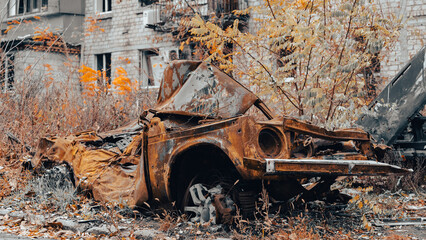 Fototapeta premium ruined street and destroyed houses in Ukraine