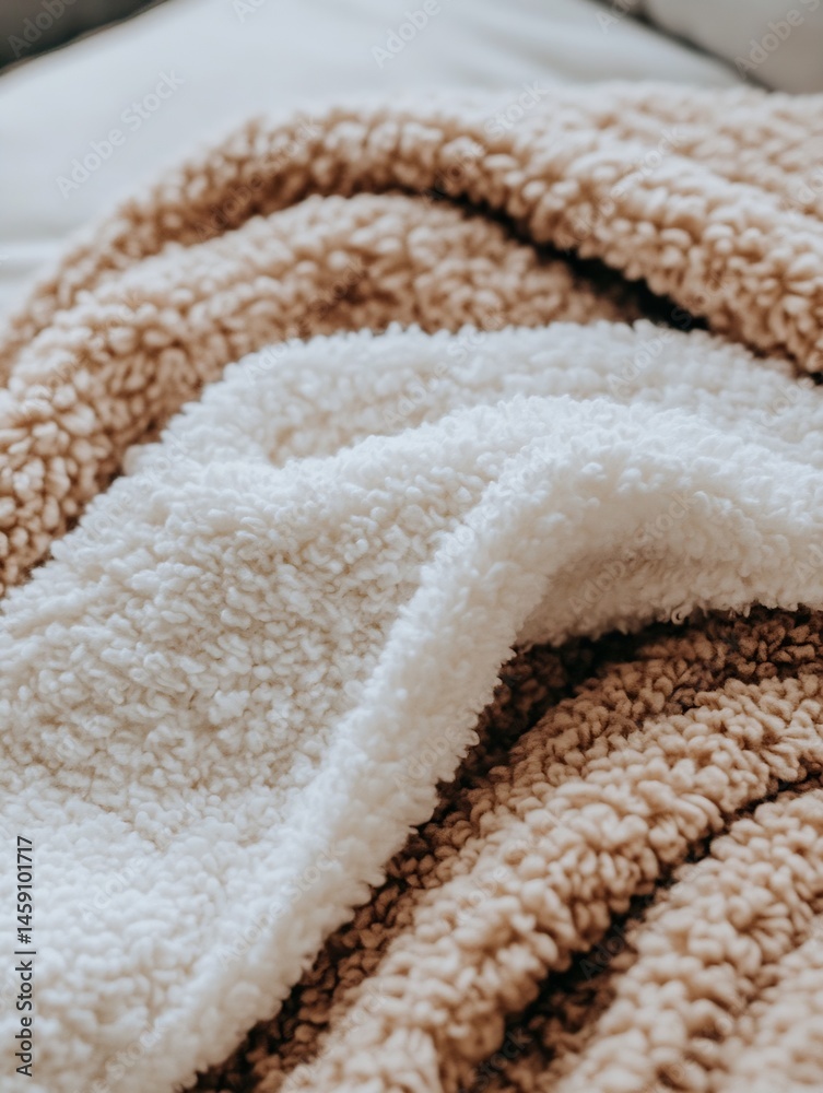 Aufkleber close-up view of a soft, fluffy sherpa fleece blanket in beige and white, showcasing its textured su