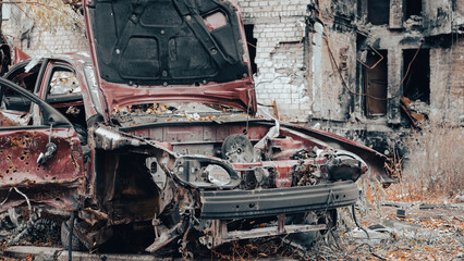 ruined street and destroyed houses in Ukraine