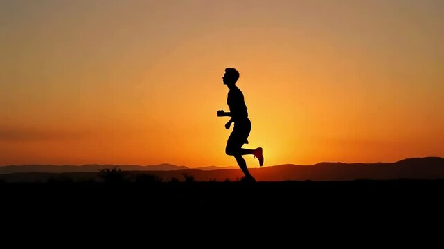 Runner Silhouetted Against Vibrant Sunset Landscape Video