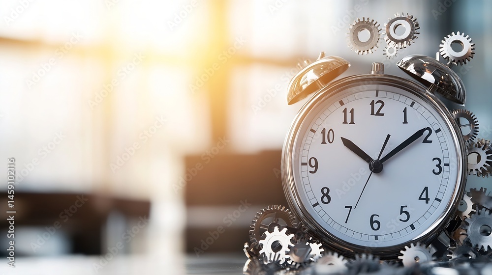 Aufkleber a silver alarm clock rests on a surface surrounded by intricate metal gears, suggesting the concept 