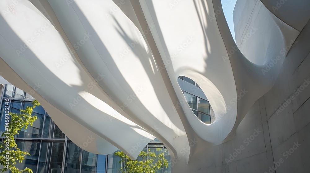 Poster Abstract architectural detail: flowing white fabric canopy structure casts shadows on modern building facade, creating a dynamic interplay of light and form. : Generative AI