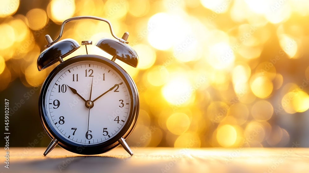 Poster classic black alarm clock on wooden surface, golden bokeh background; time concept image. : generati