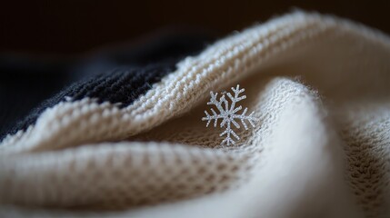 Fototapeta premium Closeup view of a delicate snowflake on knit fabric.