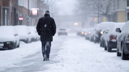 Obraz premium A lone man walks down a snow-covered street during a blizzard, cars parked on either side are covered in a thick layer of snow, creating a winter wonderland scene. : Generative AI