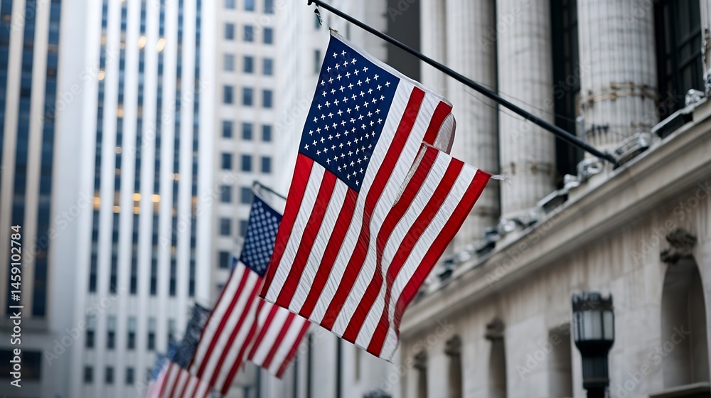 Poster american flags gently waving in front of a modern skyscraper and classic building in a city setting,