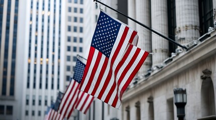 Fototapeta premium American flags gently waving in front of a modern skyscraper and classic building in a city setting, showcasing a blend of architectural styles and patriotism. : Generative AI