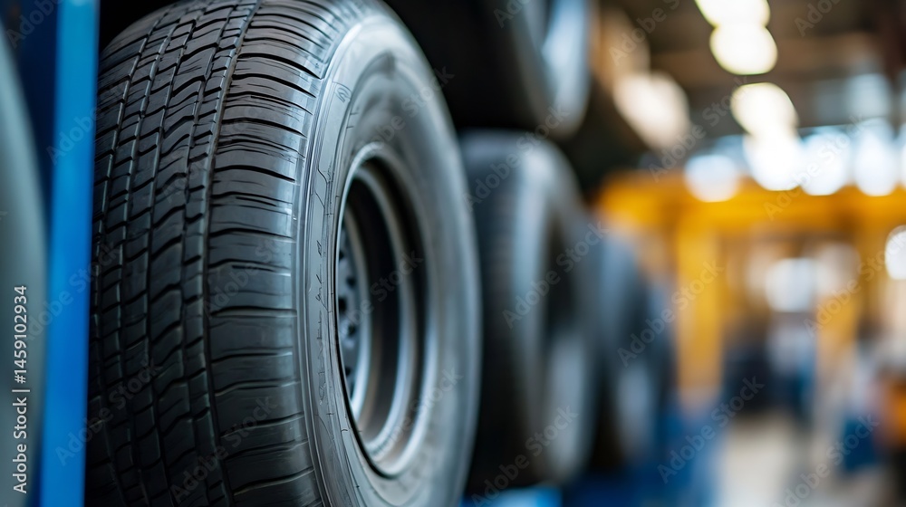 Aufkleber close-up view of a new car tire with a detailed tread pattern, displayed on a blue rack in a tire wa