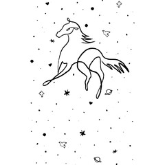 minimalist line drawing of a horse surrounded by stars and space elements, symbolizing freedom, imagination, and cosmic connection, ideal for creative and whimsical projects
