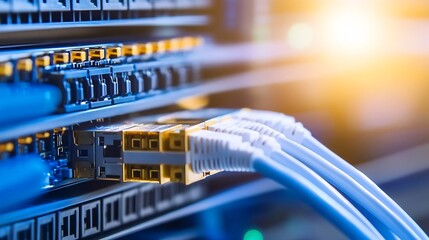 Close-up of fiber optic cables connected to a network switch in a server room, showcasing technology and connectivity. : Generative AI