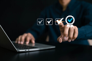 Quality assurance concept, businessman working with computers service Quality assurance, Guarantee, Standards, ISO