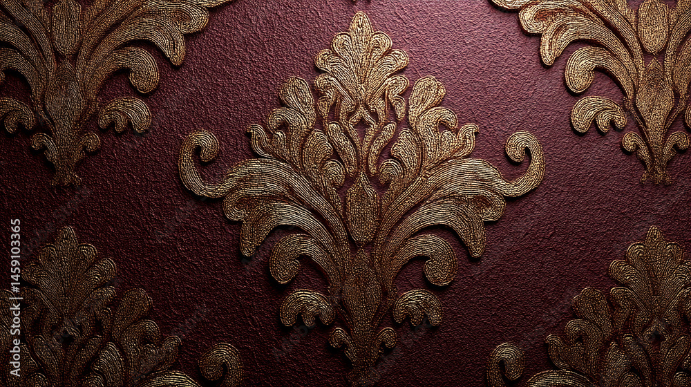 Poster close-up of maroon textured background with golden embossed damask pattern, showcasing ornate detail