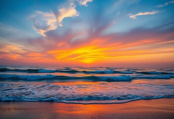 Fototapeta premium Vibrant sunset hues paint Karachi beach sky, waves gently lapping shore, serene, summer