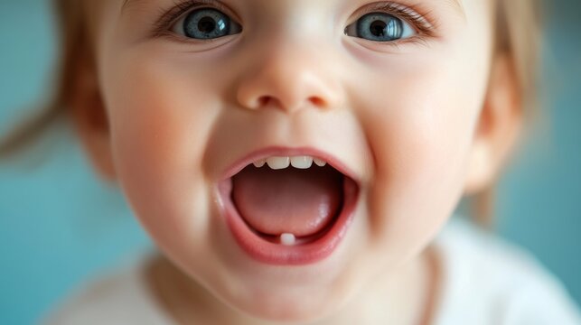 Pediatric oral development portrait, active salivation process, tender swollen gums, teething progression detail, natural medical lighting, clinical documentation style, professional macro