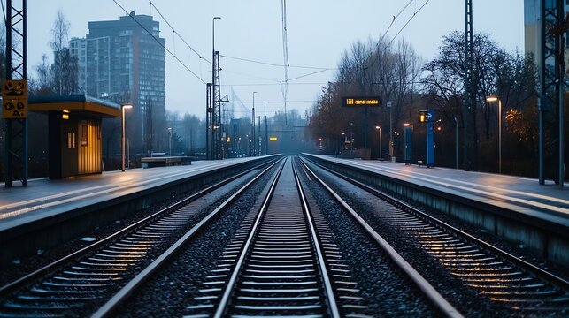 Empty train station platform at dawn, railway tracks extending into the distance, city buildings in the background under a misty sky. : Generative AI