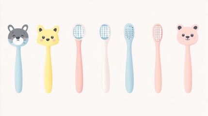 Whimsical toothbrush character set, baby animal designs, pastel color collection, simple rounded shapes, gentle facial features, matching bristle colors, children oral care items, flat design
