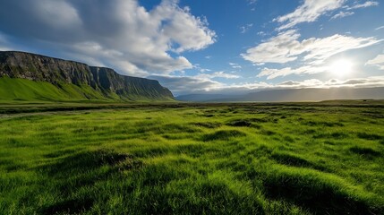 Fototapeta premium Vast Icelandic grassland under a bright sky, with a dramatic cliff face rising in the background, bathed in the golden light of the setting sun. : Generative AI