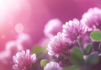 Delicate pink clover flowers in soft sunlight. Close-up view of blossoms
